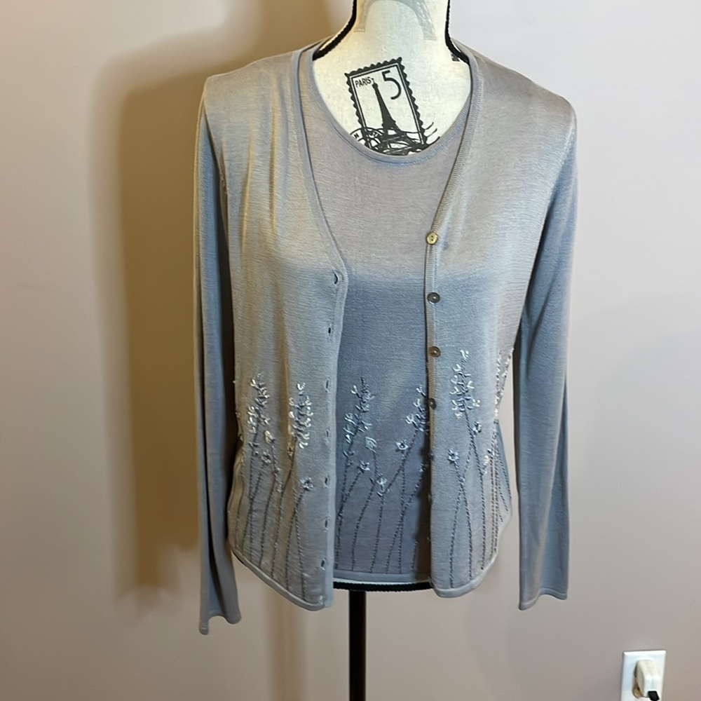 Valerie Stevens Light Gray Embroidered Two-Piece Sweater Set